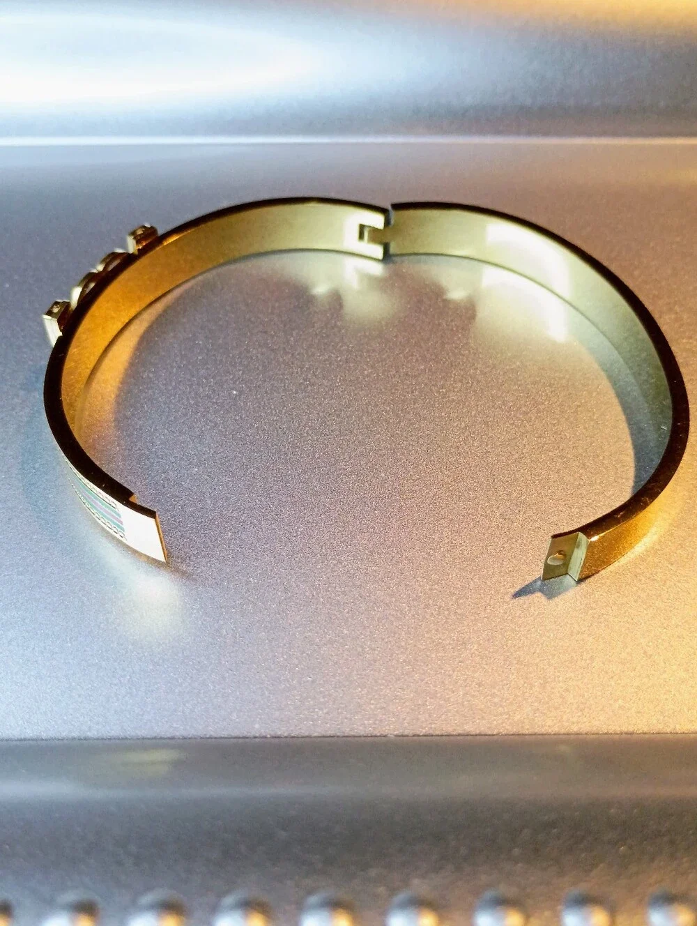 New Gold-Tone Green & Red Stripe Bangle Bracelet with Crystal Logo